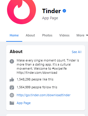 Tinder official Facebook page