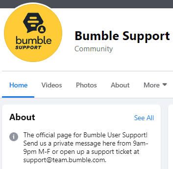 Bumble Support Facebook page