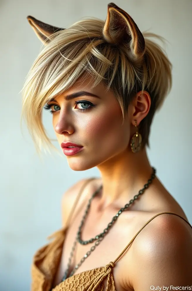 Boho-Inspired Wolf Cut Short Hair with Highlights