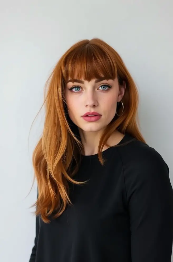 Bold Auburn Hair Color with Bangs