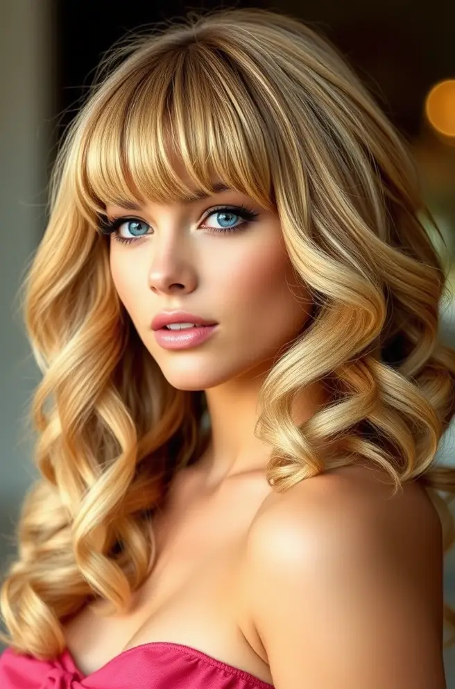 Bronde Curtain Bangs with Loose Curls