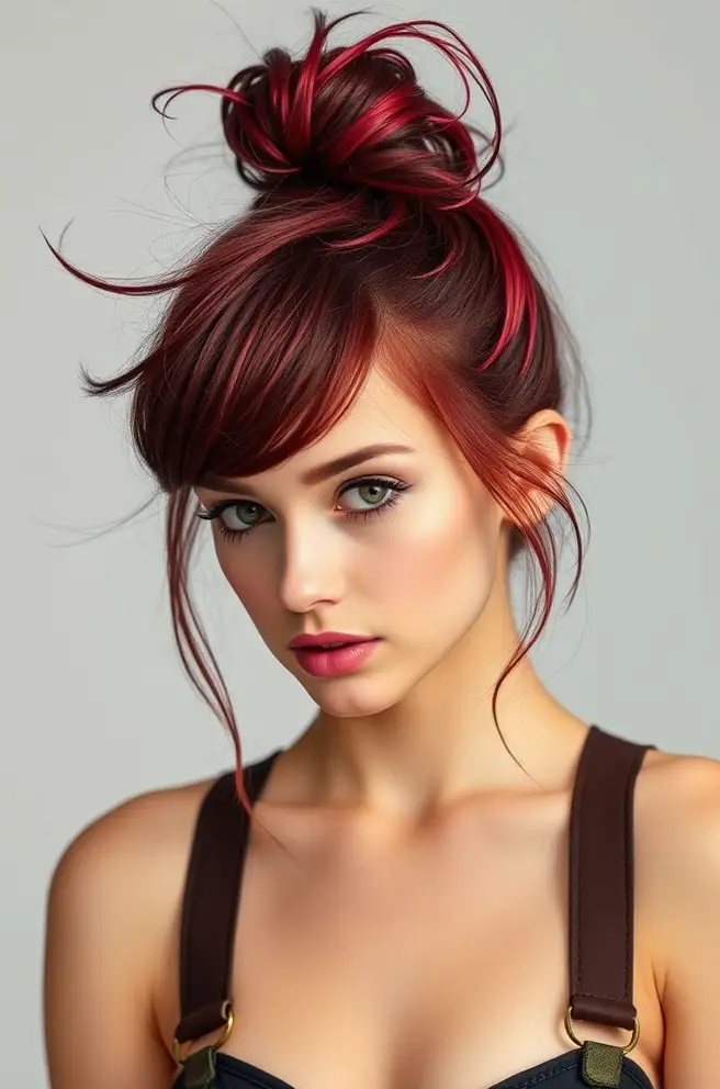 Burgundy Hair Color: Messy Bun with a Pop of Color