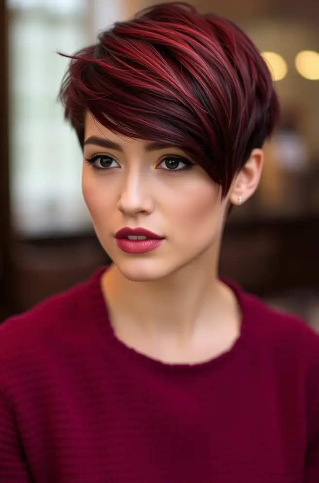 Burgundy Hair Color: Textured Pixie Cut with Edge