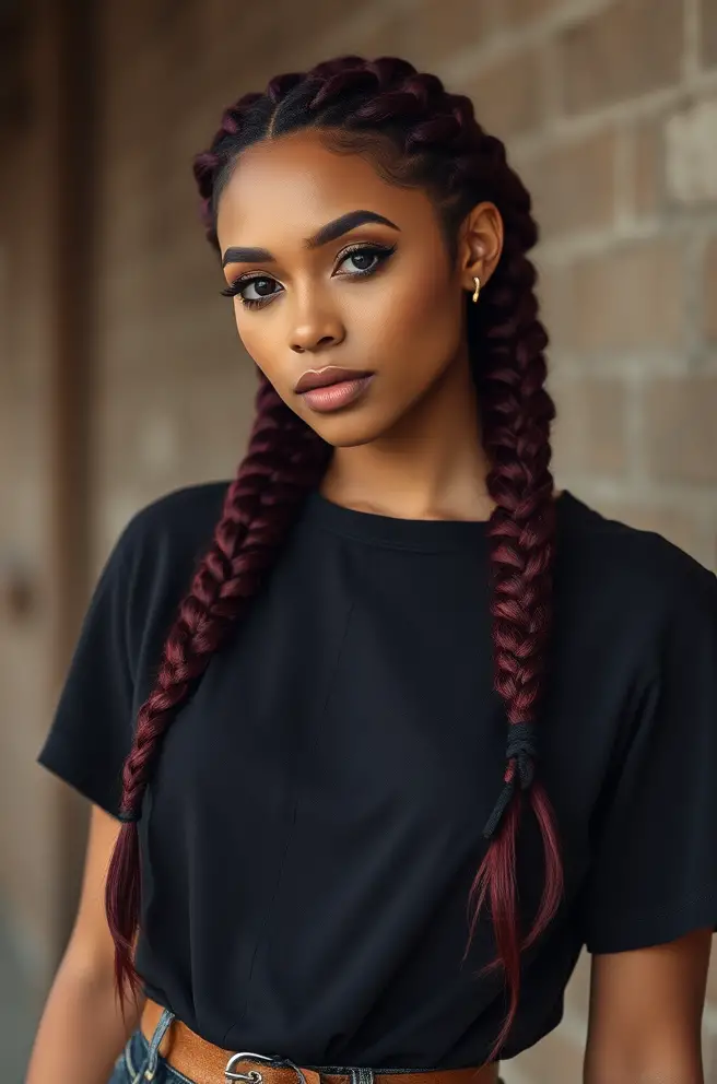 Burgundy Hair Styled in Braids