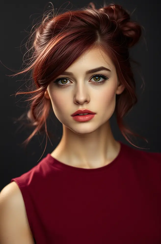 Burgundy Hair with Messy Bun