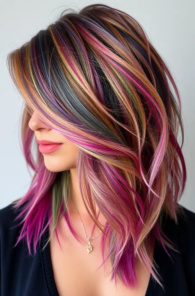 Chic Rainbow Layered Hair: Texture and Color Combined