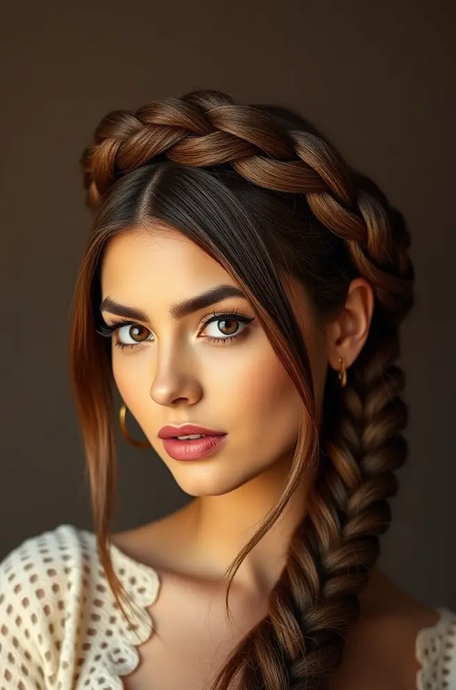 Chocolate Brown Hair Styled in a Braided Crown