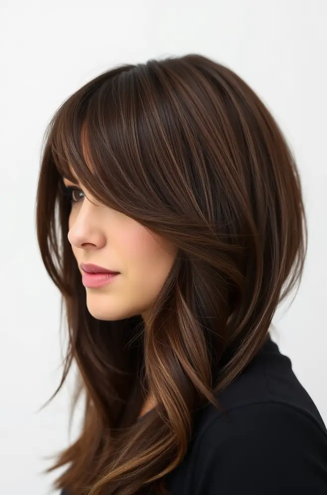 Chocolate Brown Hair Styled with Side Bangs