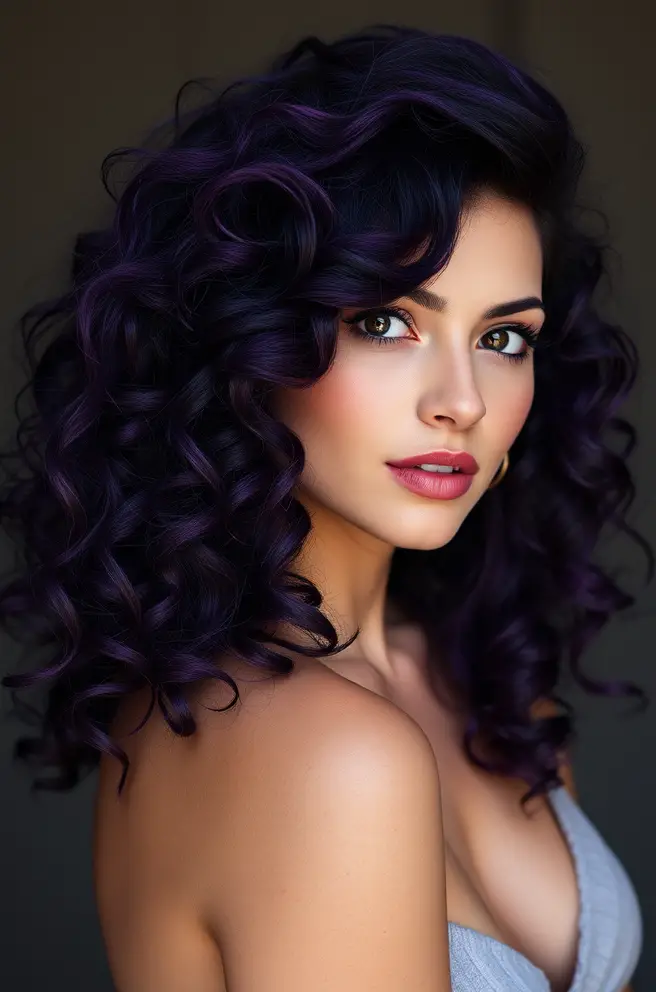 Curly Dark Purple Hair with Volume