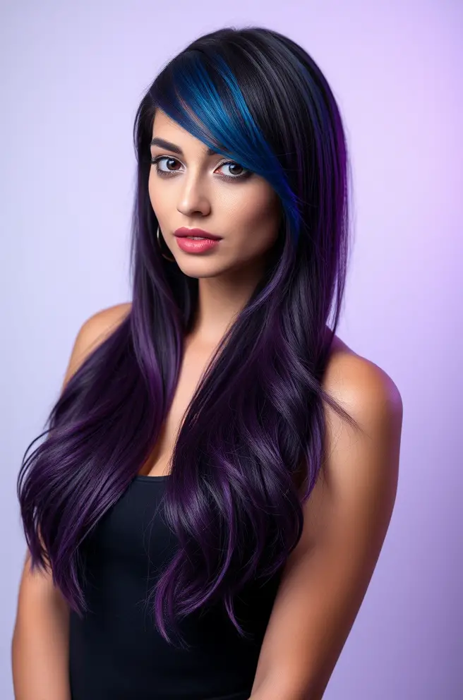 Dark Purple Hair with a Pop of Blue