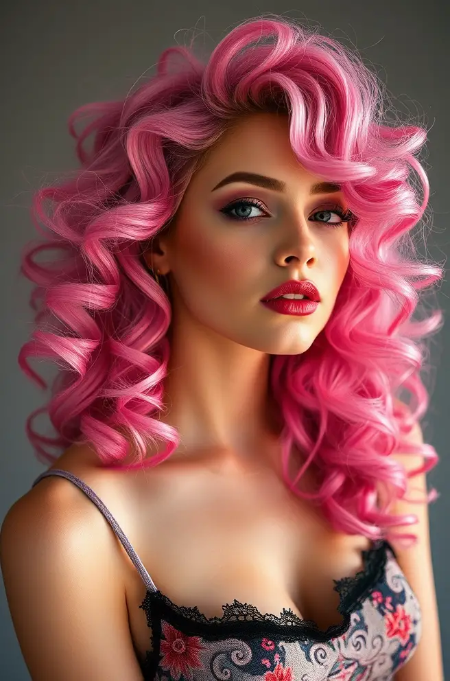 Dramatic Curly Pink Anime Hair Design