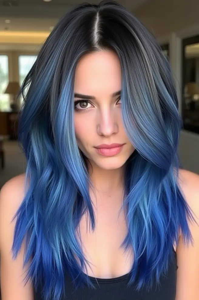 Edgy Black to Blue Balayage Hair Transformation