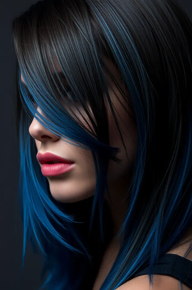 Edgy Blue Highlights for Dark Hair