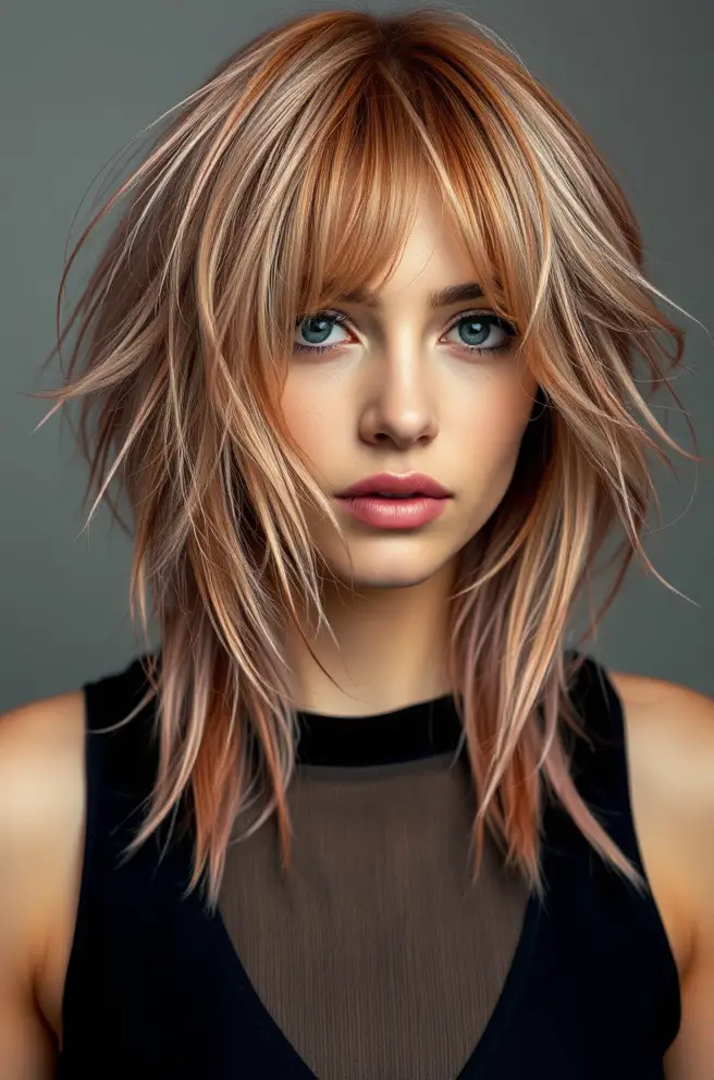 Edgy Rose Gold Hair with Shaggy Layers