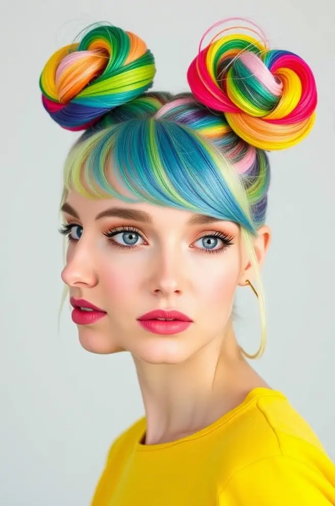 Electric Rainbow Hair Buns: Fun and Funky