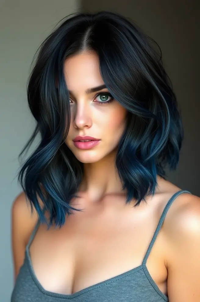 Elegant Dark Blue Hair with Subtle Balayage