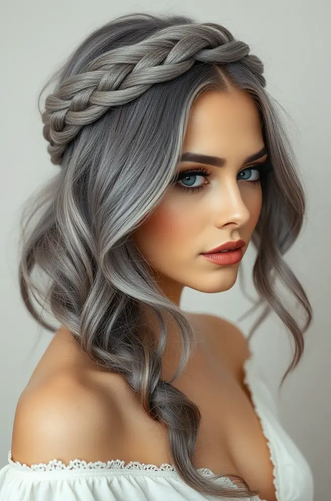 Fabulous Gray Hair Braided Crown for a Romantic Touch