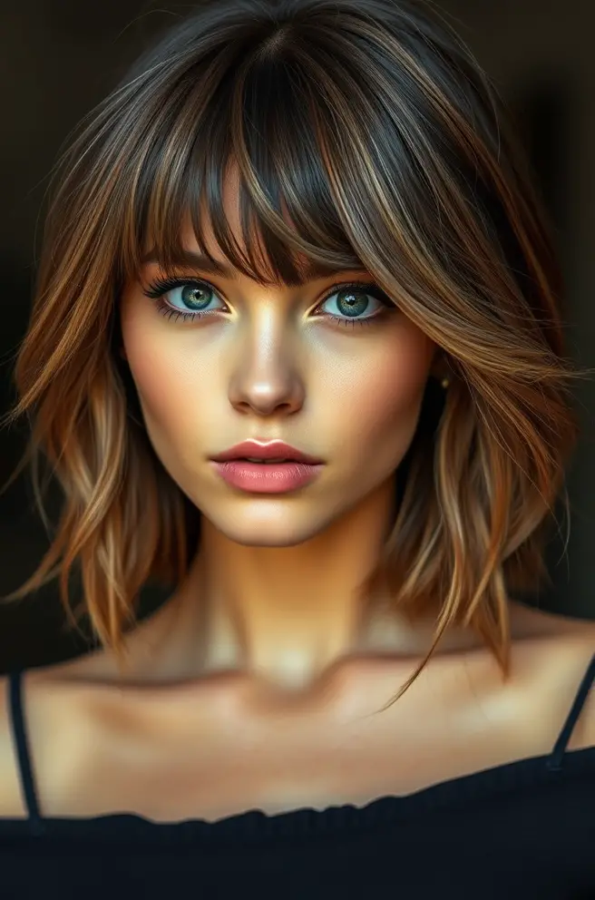 Layered Hair with Face-Framing Bangs for a Chic Style