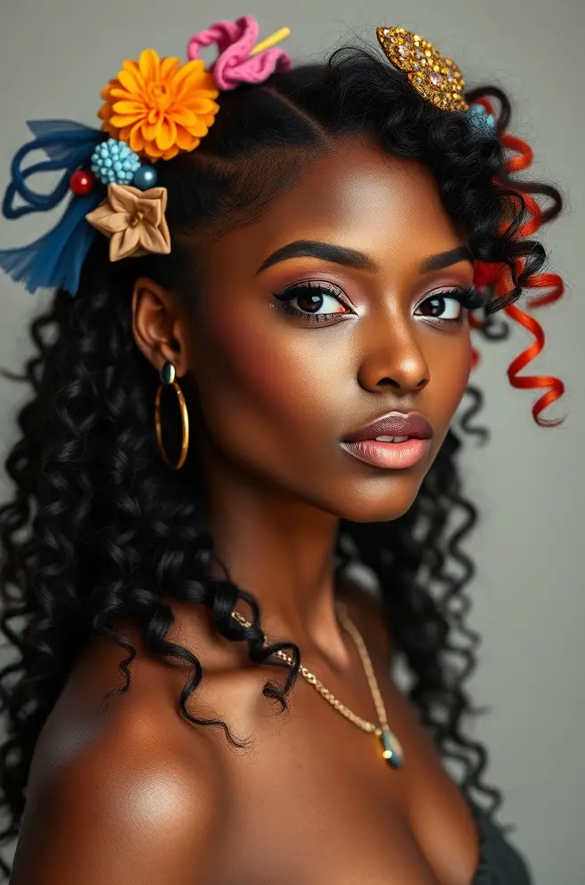 Playful Black Hair with Colorful Hair Accessories