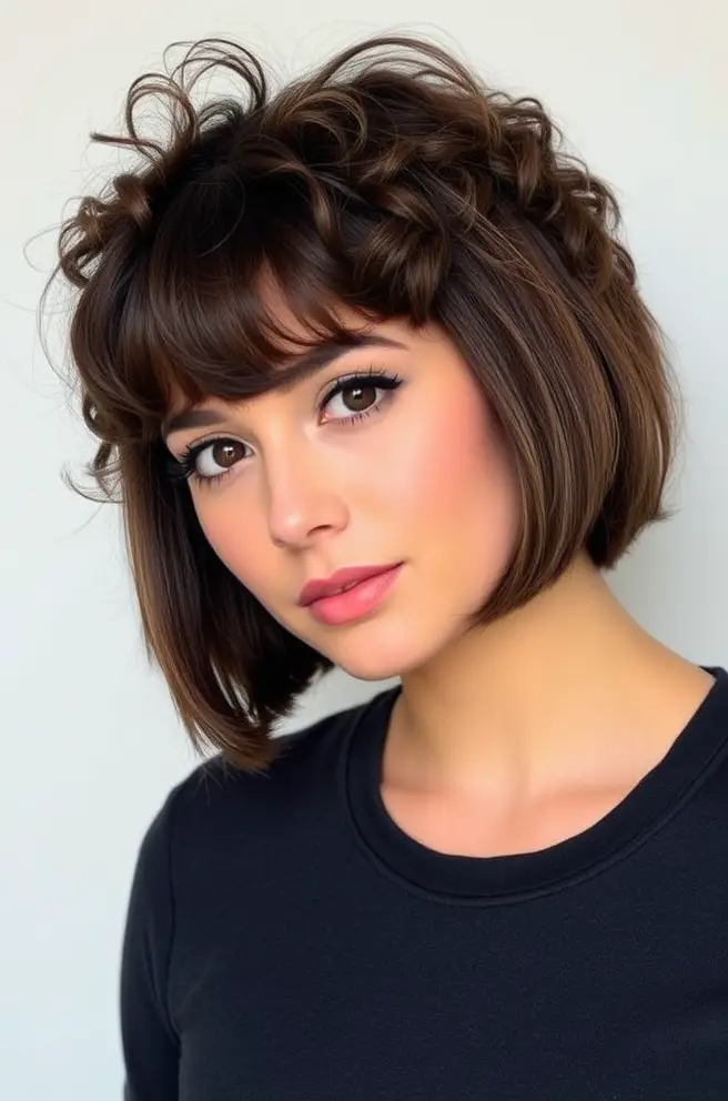 Short Curly Hair in a Fun Bob with Bangs