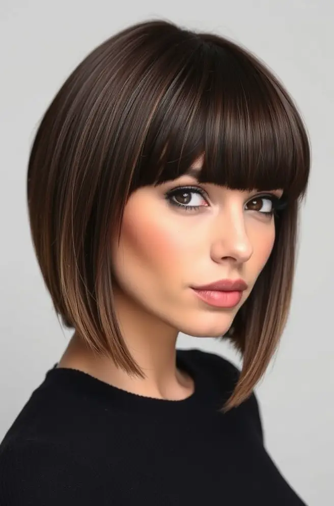 Sleek Brunette Bob with Bangs for a Chic Look