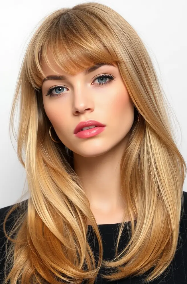 Sleek Honey Blonde Hair with Bangs