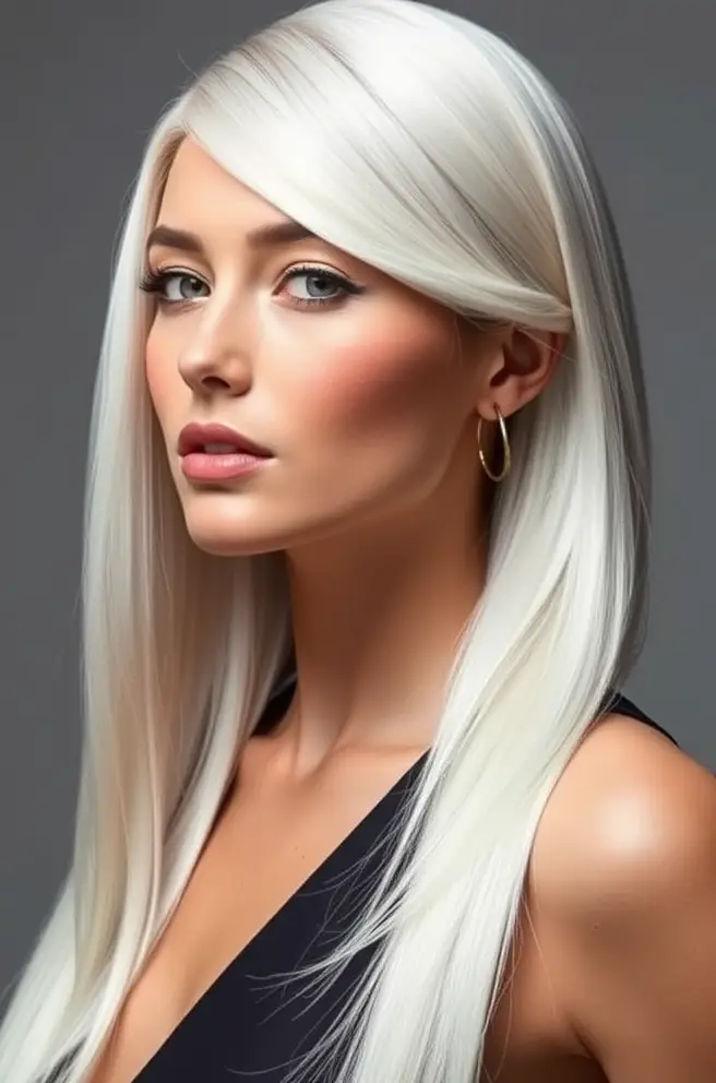 Sleek Straight White Hair with Side Part