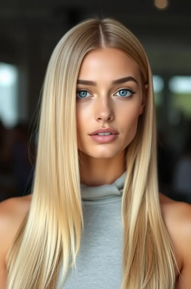 Sleek and Straight Blonde Hair with a Middle Part