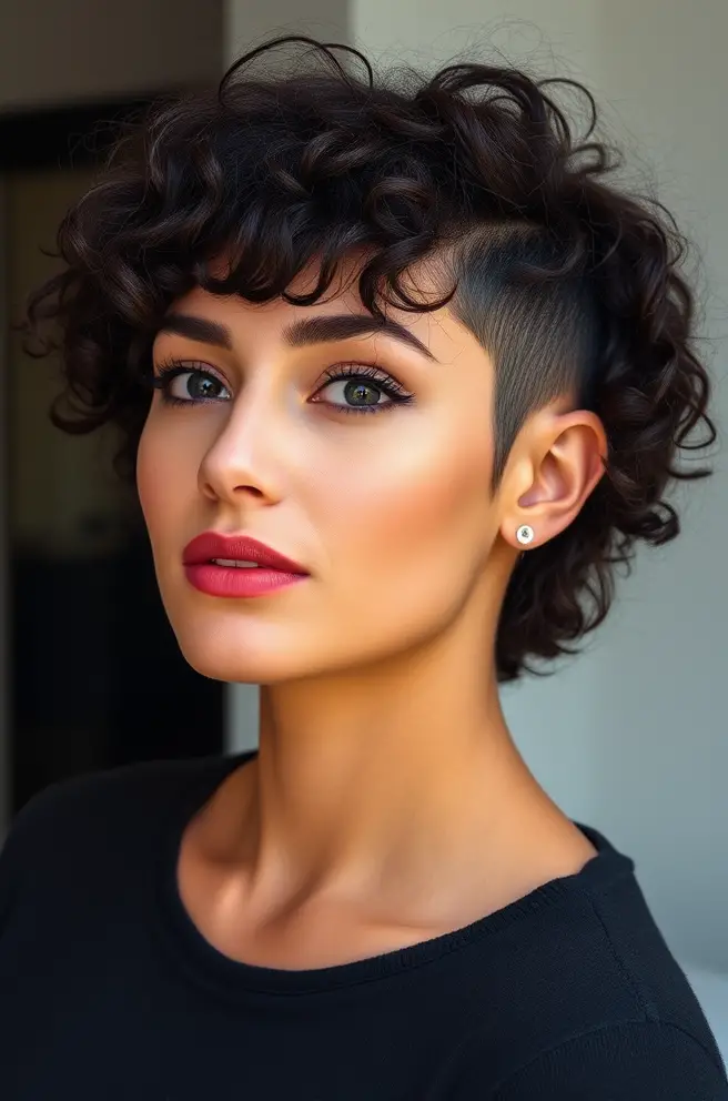 Stylish Low Taper Fade Curly Hair with Bangs