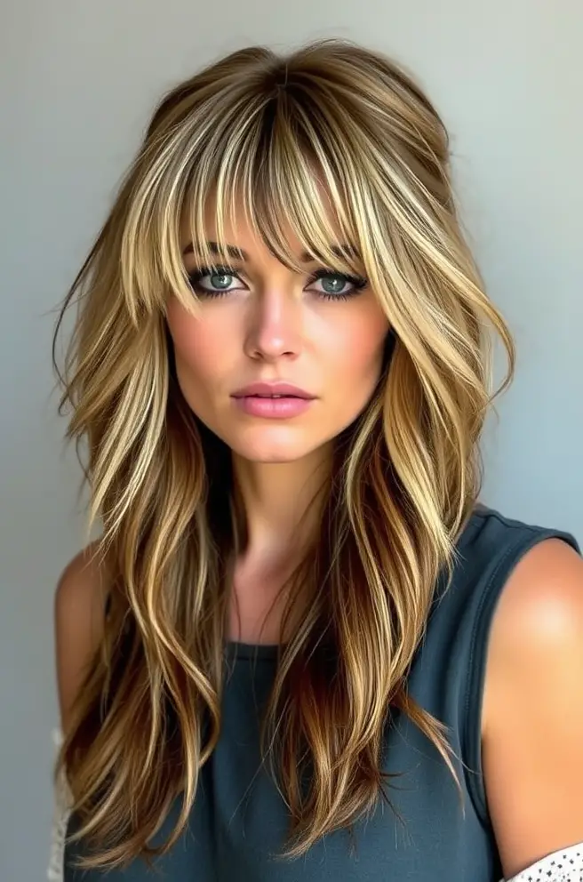 Textured Layered Hair with Curtain Bangs for a Bohemian Look