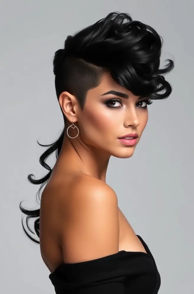 Trendy Black Hair with Shaved Side and Curls