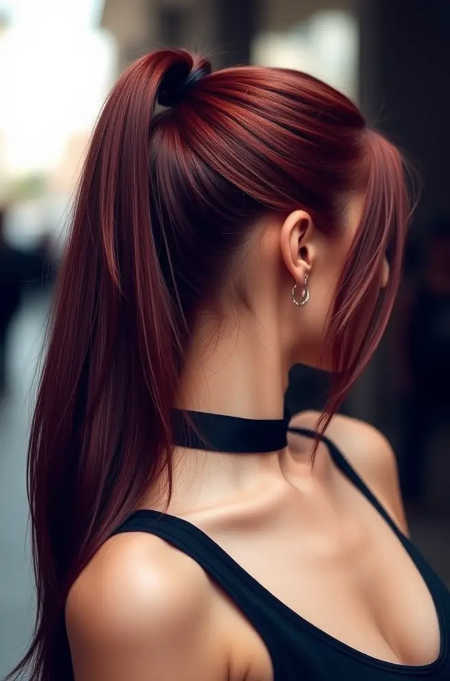 Trendy Dark Red Hair Sleek Ponytail Designs