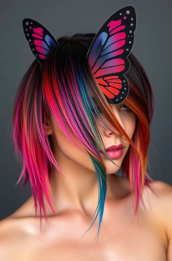 Unique Butterfly Hair Cut with Colorful Streaks