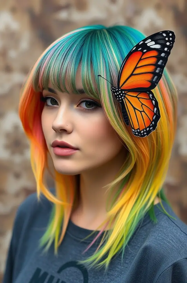 Vibrant Butterfly Hair Cut with Ombre Effect