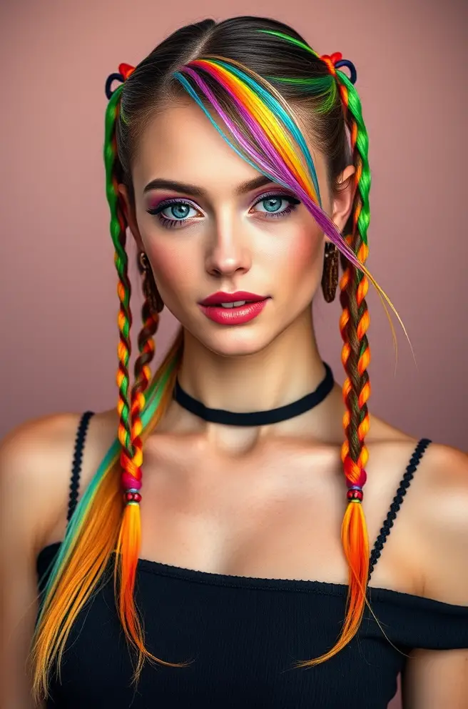 Vibrant Rainbow Hair Ties: A Bold Half-Up Style