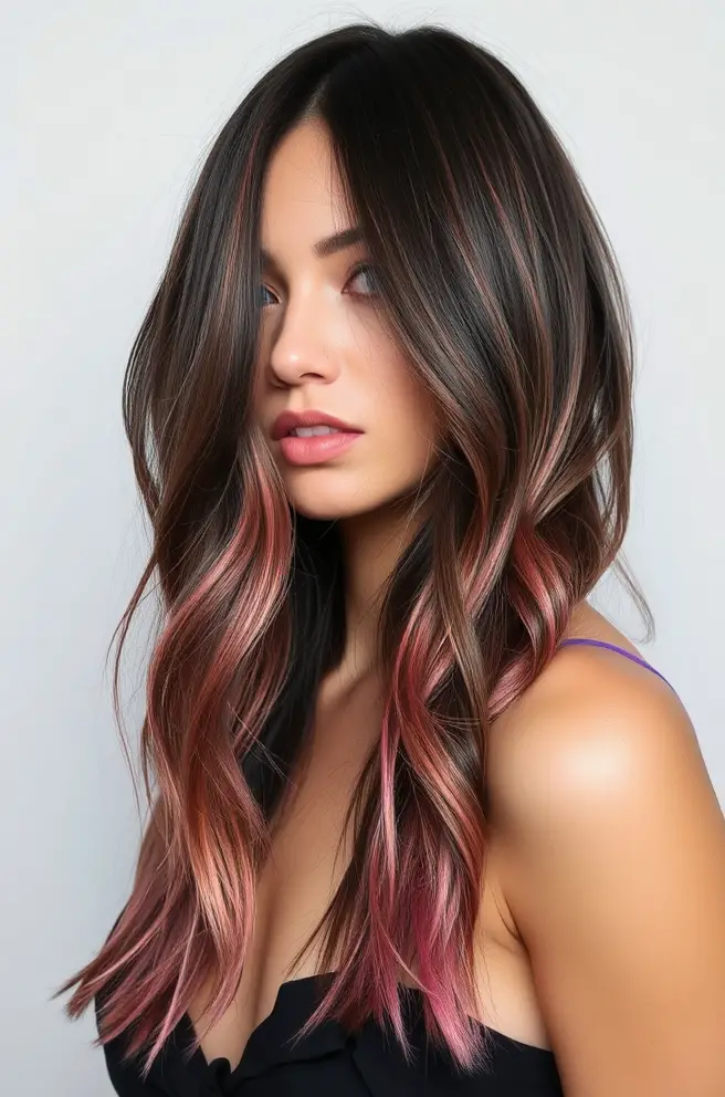 Vibrant Rose Gold Highlights on Dark Hair