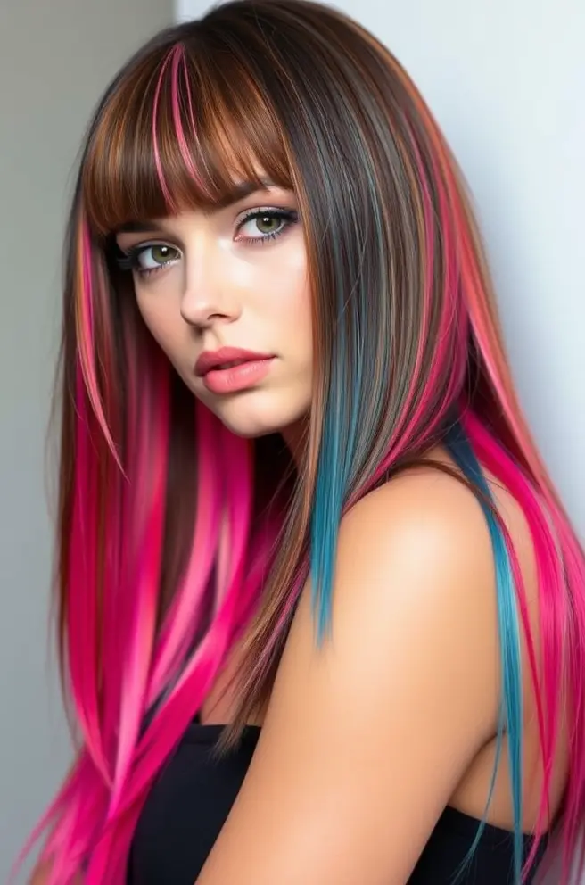 Vibrant Straight Hair Mullet with Color Accents