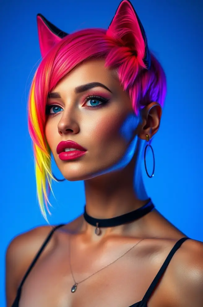 Vibrant Wolf Cut Short Hair in Neon Colors