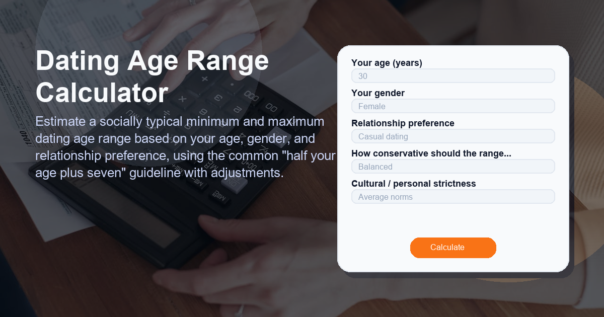 Estimate a socially typical minimum and maximum dating age range based on your age, gender, and relationship preference, using the common "half your age plus seven" guideline with adjustments.