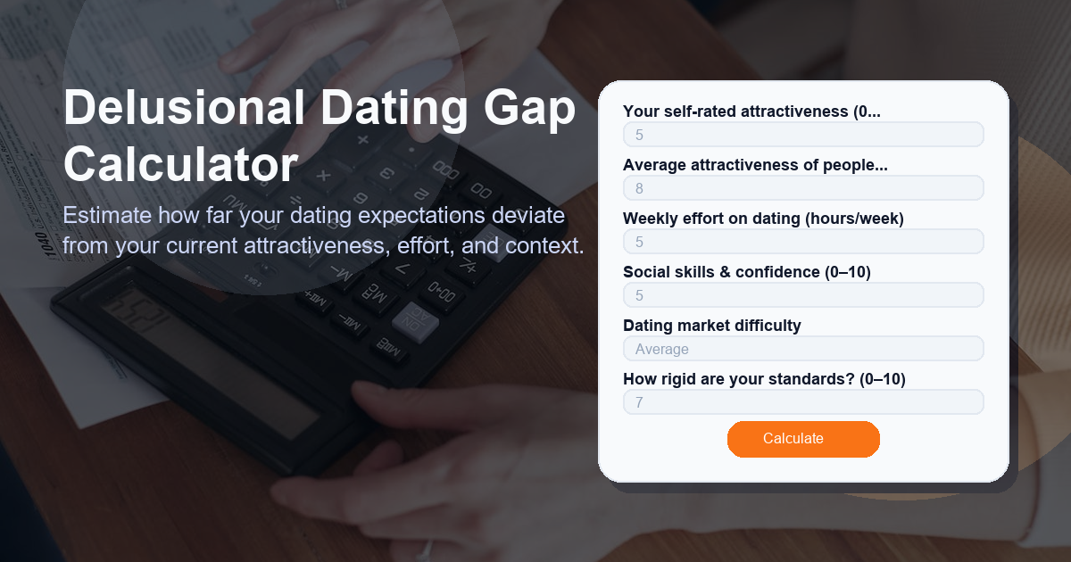 Estimate how far your dating expectations deviate from your current attractiveness, effort, and context. Higher scores suggest more "delusional" expectations relative to your situation.