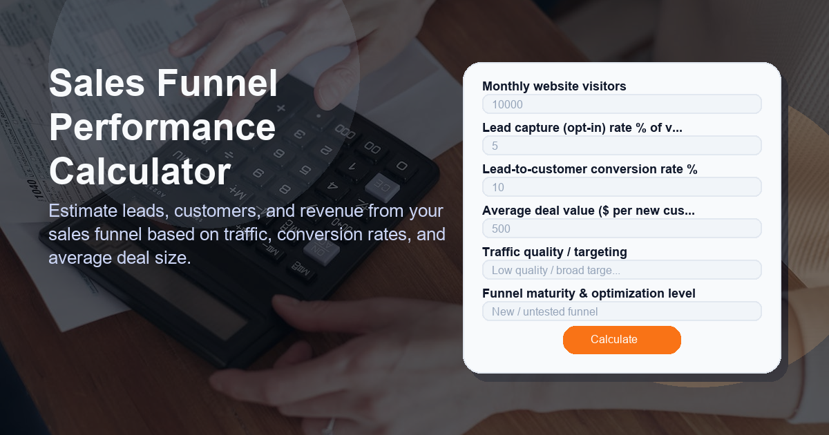 Estimate leads, customers, and revenue from your sales funnel based on traffic, conversion rates, and average deal size.